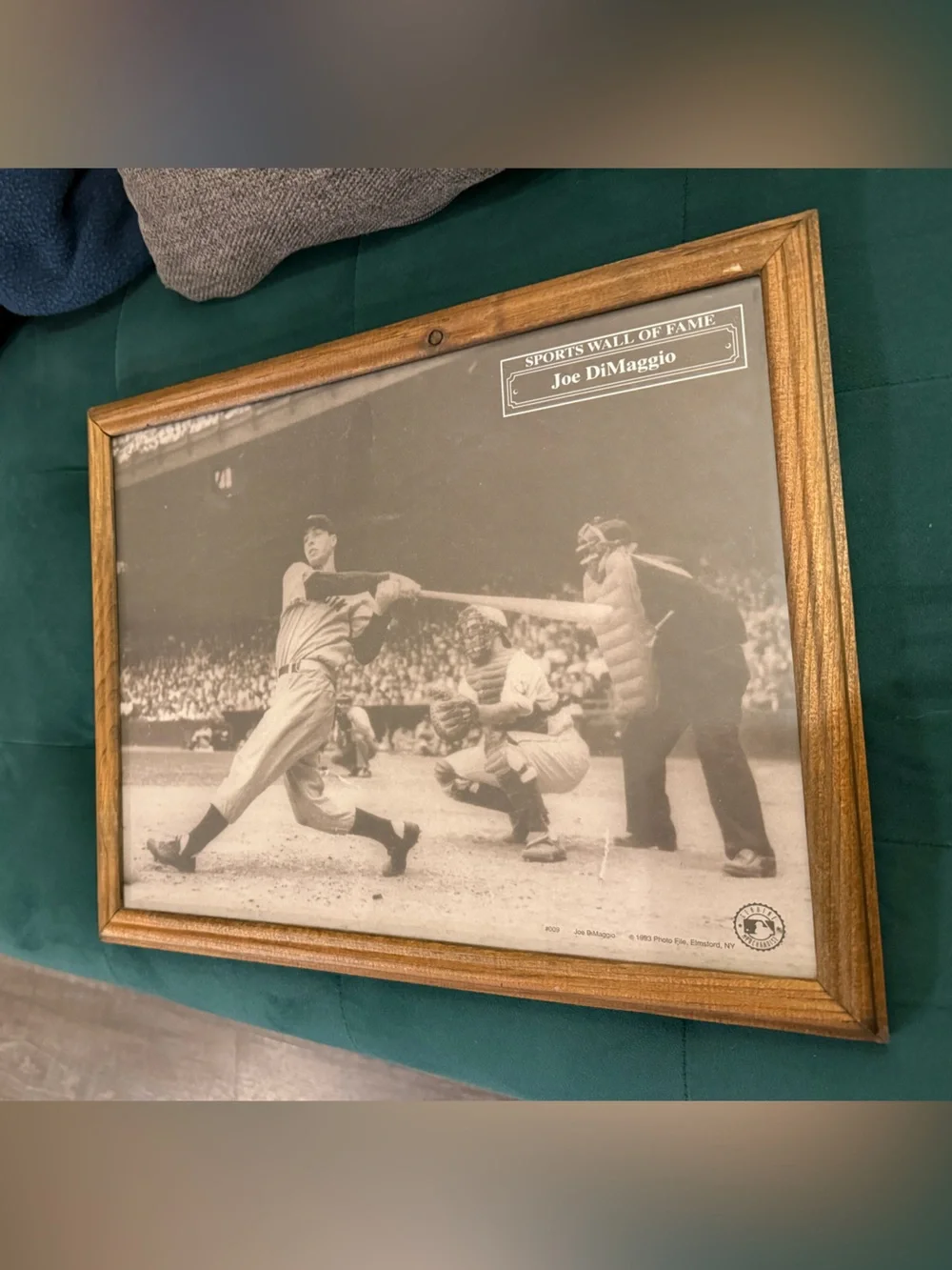 3 baseball pictures in wooden frames. Including 1961 NY Yankees & Joe DiMaggio